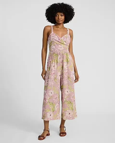 Linen-Blend Floral Sweetheart Cropped Wide Leg Jumpsuit