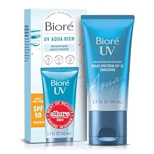 Bioré UV Aqua Rich Daily Hydrating Facial Moisturizer with SPF 50 | Oil Free Sunscreen & Primer for Makeup with Hyaluronic Acid, No White Cast, Non-Comedogenic, For Sensitive Skin, PA, 1.7 Oz