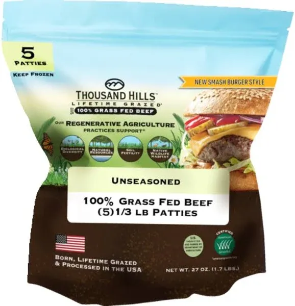 Thousand Hills Lifetime Grazed Unseasoned 100% Grass Fed Beef Patties 5 Pack