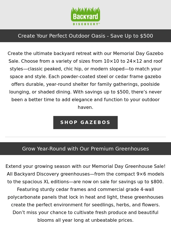 Backyard Discovery - Memorial Day Sale: Transform Your Backyard for Summer!