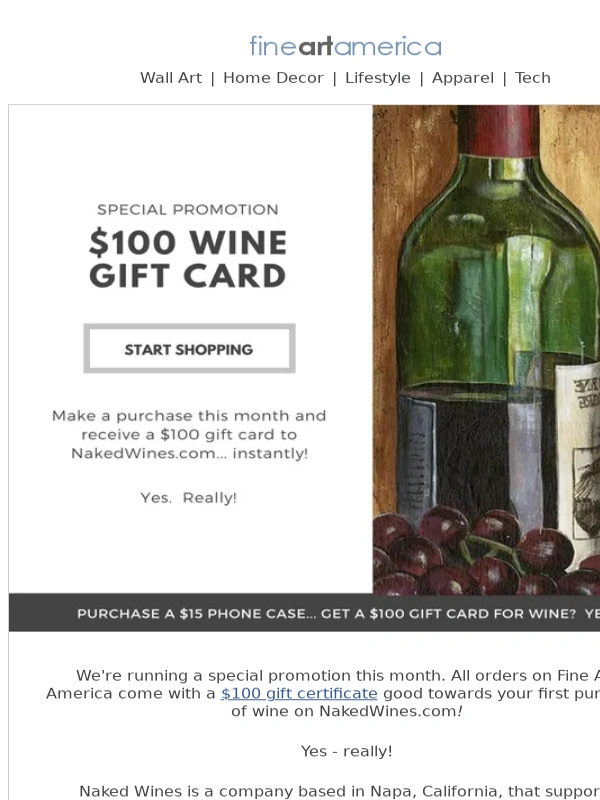Fine Art America - Special Promotion - All Orders (No Matter How Small) Come with a $100 Gift Certificate for Wine!
