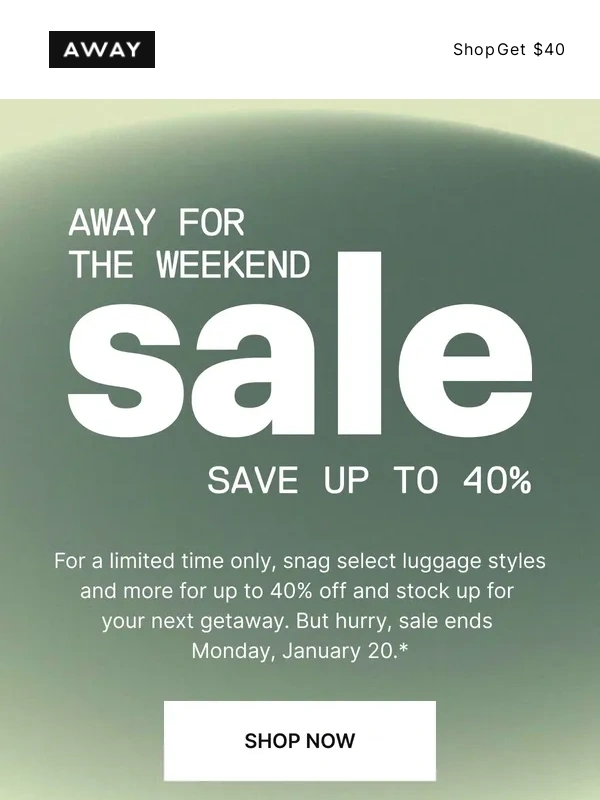 Away - Away for the Weekend Sale: up to 40% off