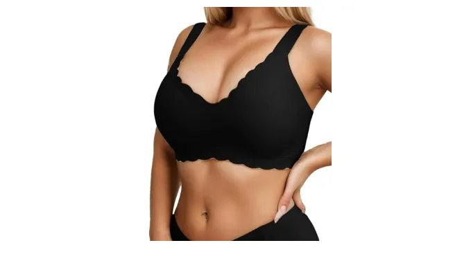 INENEMIS Wireless Bras for Women, No Underwire Seamless Bras with Support Everyday V Neck Wavy Bras(Black)