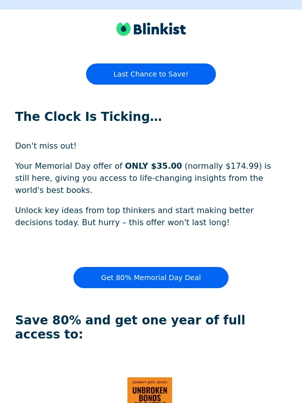 Blinkist - ?$$$ Hurry: 80% Off Memorial Day Knowledge Boost