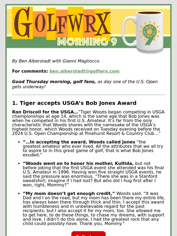 GolfWRX - Tiger gets Bob Jones Award | Record U.S. Open purse | PGA Tour-PIF announcement next week?