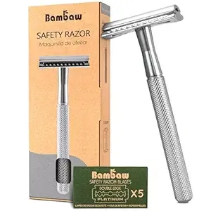 Bambaw - Double Edge Safety Razor, 5 Double Edge Safety Razor Blades, Men & Women, Silver
