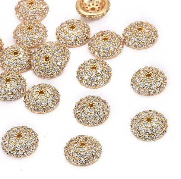 Honeyhandy Apetalous Half Round/Dome Brass Micro Pave Cubic Zirconia Bead Caps, Golden, 8x3mm, Hole: 1mm