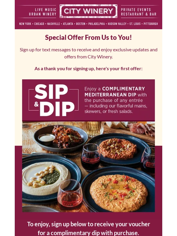 City Winery - Sip,Dip,and Save!