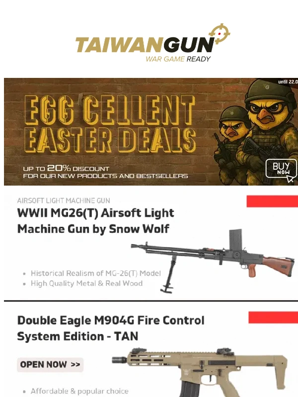 Taiwangun -  Easter Deals Inside ?? CYMA Airsoft Guns,Double Eagle M904G TAN,WWII MG26(T) & More