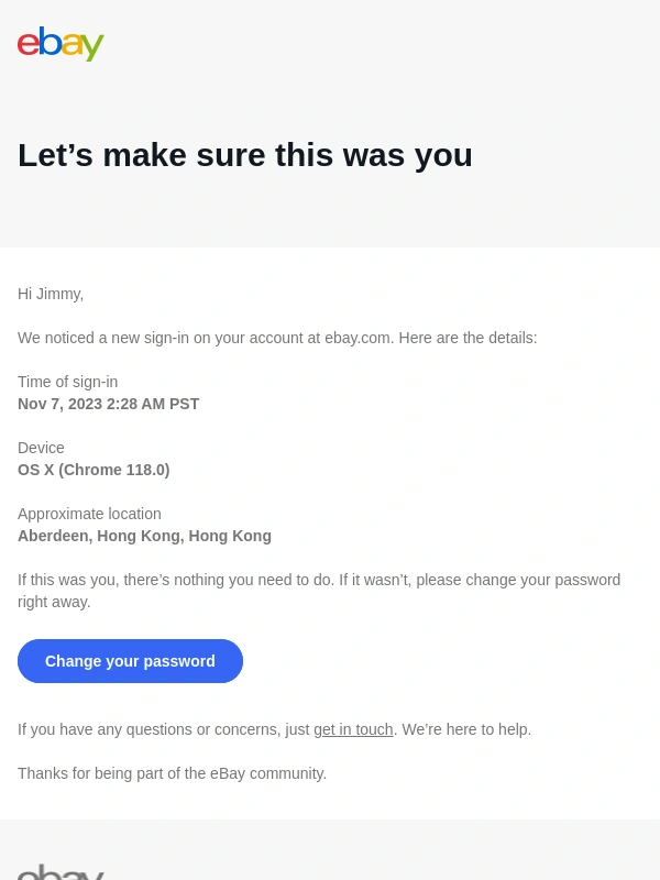 eBay - A new device is using your account