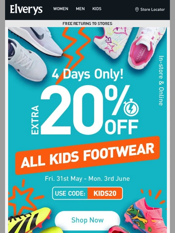 Elverys - Take an Extra 20% OFF All Kids Footwear & Boots!