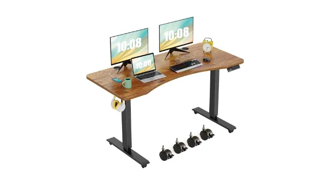 farexon Electric Standing Desk Adjustable Height, 48×24 Inches Computer Desk with Ergonomically Curved Desktop, Multifunctional Stand up Desk for Home/Office(Brown)