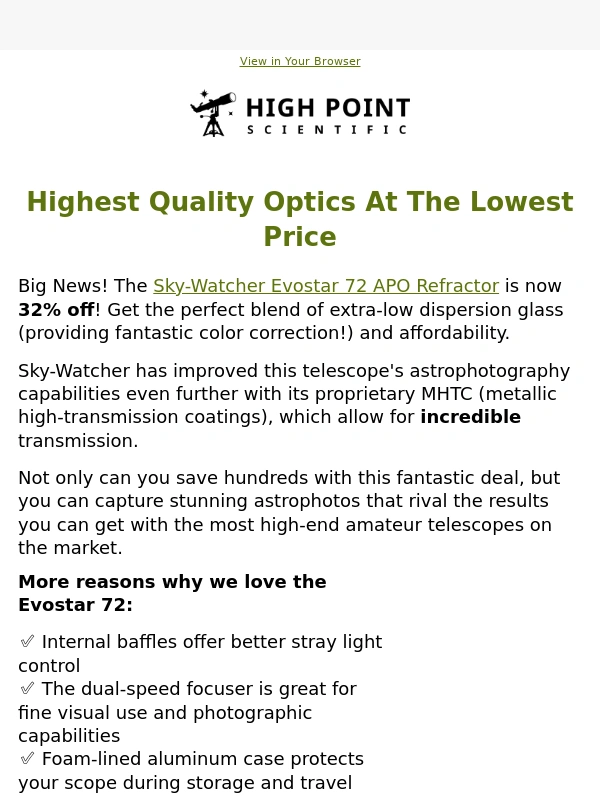 High Point Scientific - Sky-Watcher Evostar 72 - 32% Off!