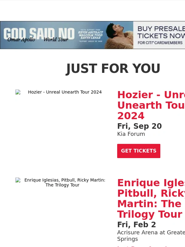 Live Nation - Your Upcoming Concert Lineup: Hozier,Enrique Iglesias,Madonna