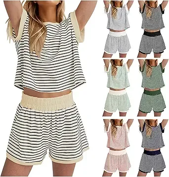 Two Piece Short Sets for Women Stripe Knit Short Sleeve Tops Lounge Set Matching Summer Loungewear Shorts Tracksuit