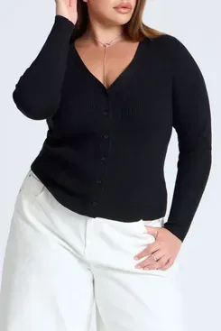 Eloquii Fitted V-Neck Rib Cardigan - Plus