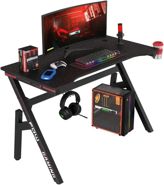 Gaming Desk Computer Desk 47 Inch Home Office Desk Extra Large Modern Ergonomic Black PC Carbon Fiber Table Gamer Workstation with Cup Holder Headphone Hook