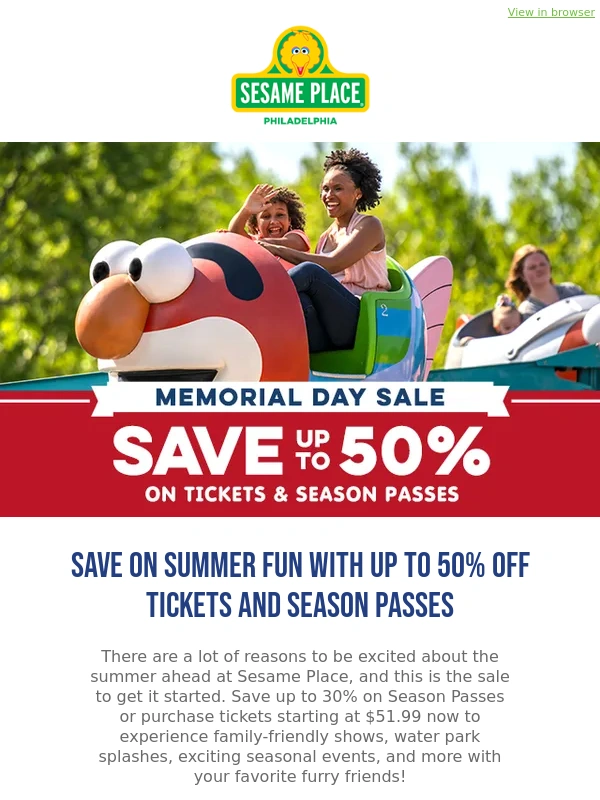 Sesame Place - Memorial Day Sale: Save up to 50% on Tickets & Season Passes