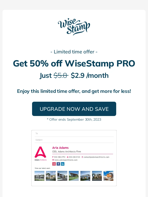 WiseStamp - Upgrade to WiseStamp PRO and save - 50% Off