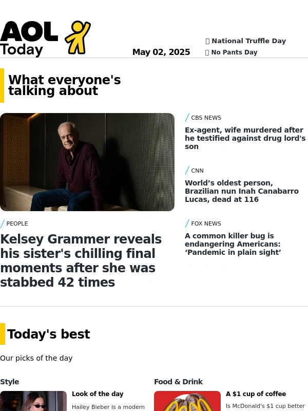 AOL - Kelsey Grammer on sister's stabbing; singer dies in fire; another 'pandemic'?