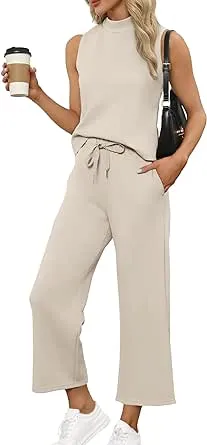 SAMPEEL - Two Piece Sets, Women, Mock Neck Tops, Wide Leg Crop Pants, Summer Outfits, Vacation Travel