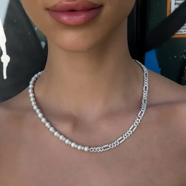 GLD 14K White Gold Figaro Pearl Necklace