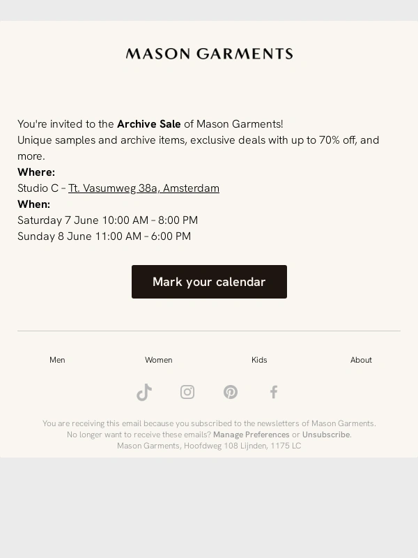 MASON GARMENTS - Archive Sale incoming – you're invited!