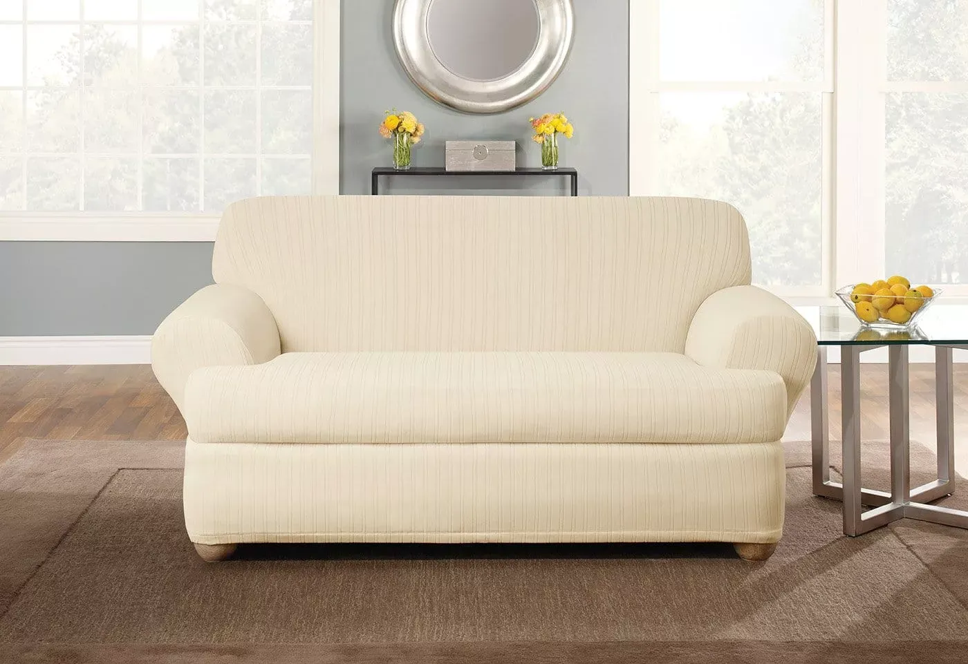 Stretch Pinstripe Two Piece Loveseat Slipcover   Form Fit   Machine Washable   Outlet in Cream SureFit