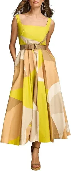 Donna Karan Women's Sleeveless Square-Neck Buckled Geometric Print Midi Dress