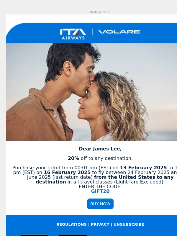 Ita Airways - Valentine's Day 20% off
