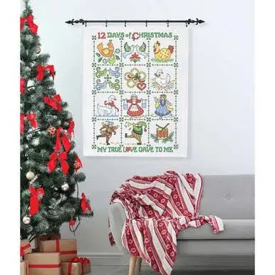 Herrschners Twelve Days of Christmas Lap Quilt Top Stamped Cross-Stitch Kit