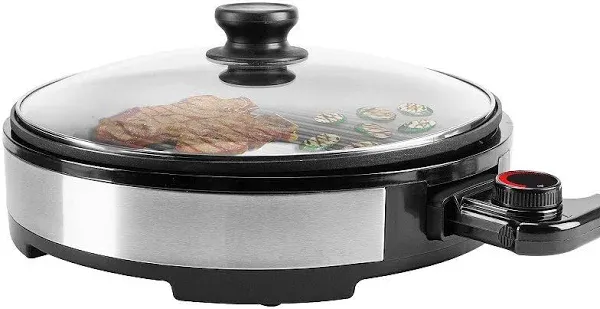 Elite Cuisine 12'' Circular Adjustable Thermostat Stainless Steel Electric BBQ Grill with Glass Lid