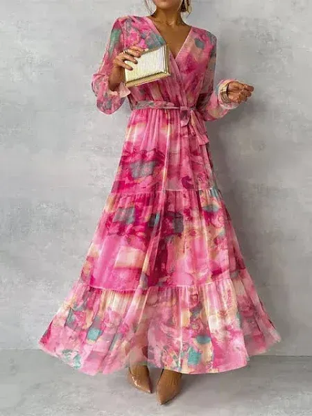 Women's Long Dress Maxi Dress Chiffon Dress A Line Dress Elegant Formal Party Wedding Guest Daily Regular Fit Floral Long Sleeve V Neck Fuchsia Summer