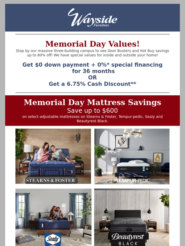 Wayside Furniture - $0 Down + 0% interest for 36months