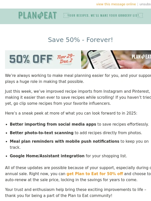 Plan to Eat - Save 50% - Forever!