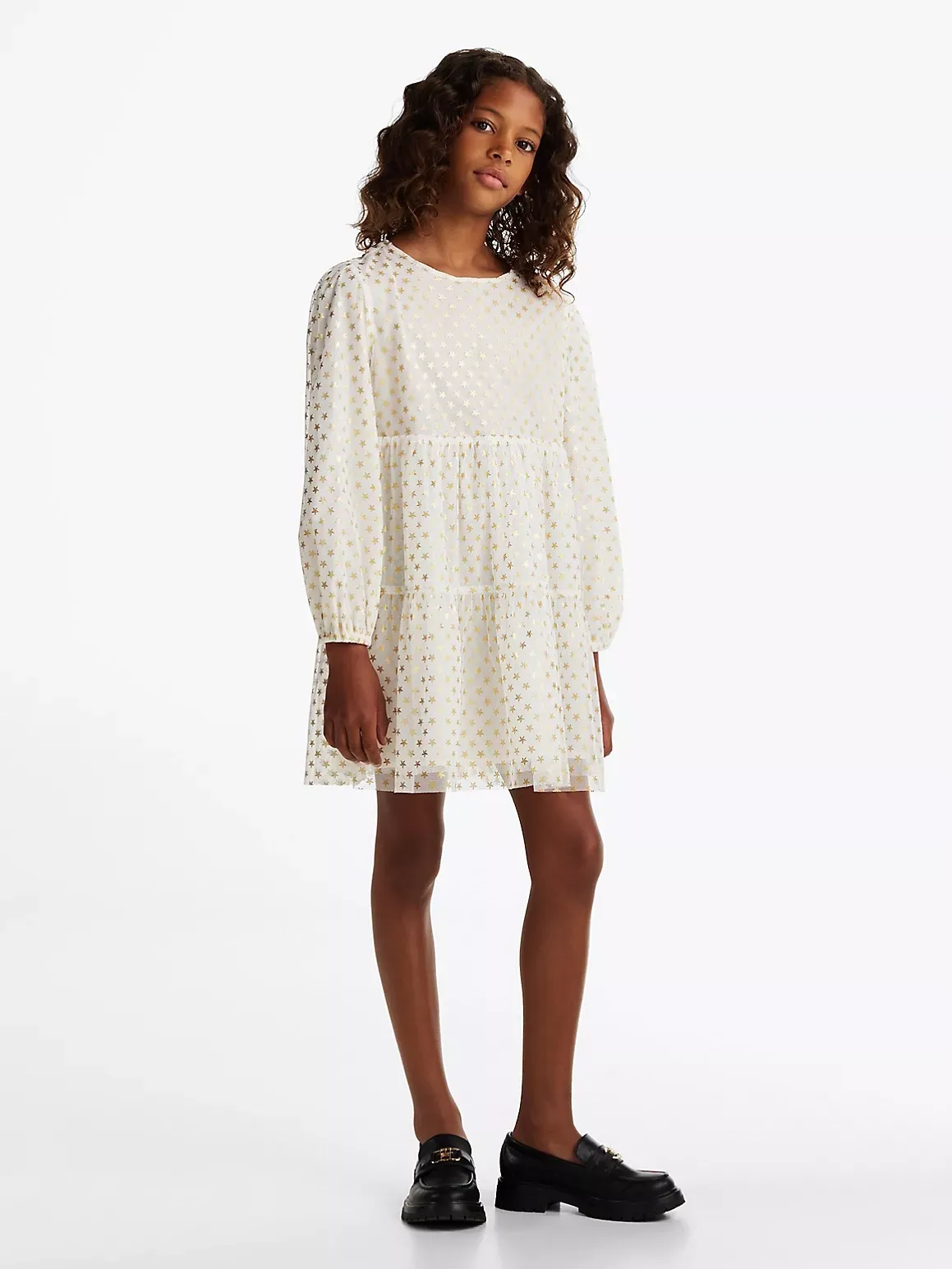Tommy Hilfiger Girls' Kids' Long-Sleeve Tiered Foil Star Dress - White - 16