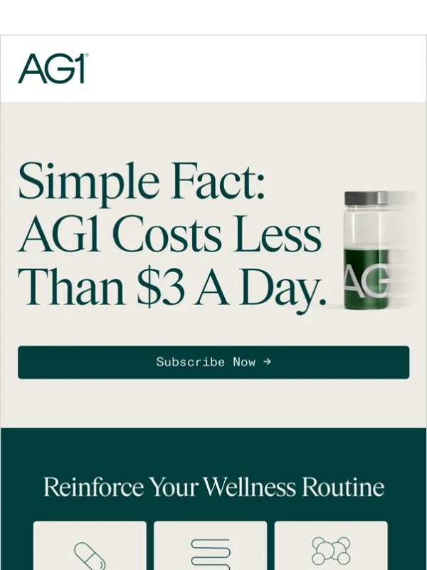 AG1 by Athletic Green - Foundational Nutrition for less than $3/day