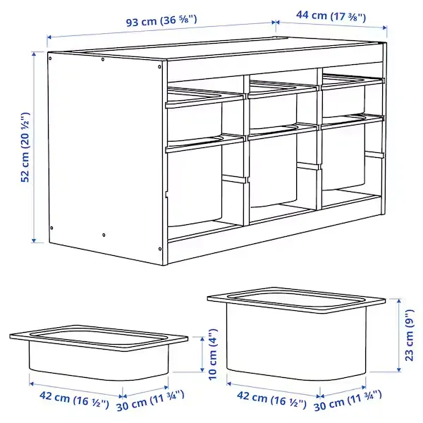 TROFAST Storage combination with boxes, light white stained pine/gray-blue, 36 5/8x17 3/8x20 1/2 "