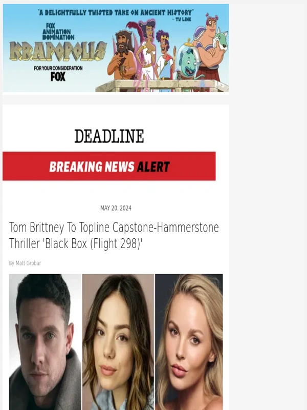 Hulu - Tom Brittney To Topline Capstone-Hammerstone Thriller 'Black Box (Flight 298)'