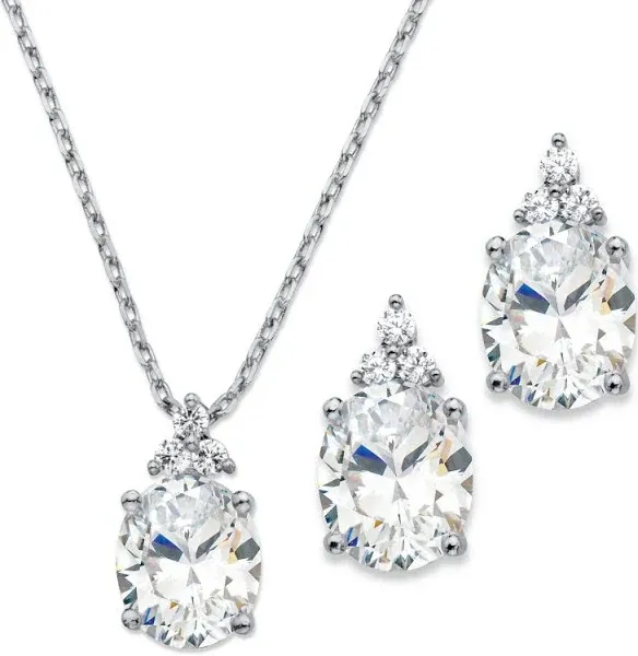 PalmBeach Jewelry Platinum-Plated Oval-Cut Cubic Zirconia Earrings and Necklace Set