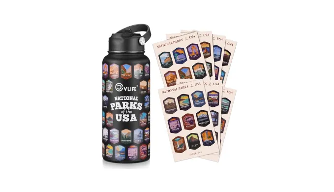 CVLIFE National Park Water Bottle with 63 Waterproof Park Stickers, 32 Ounces Leakproof Insulated Water Bottle, 304 Stainless Steel, for Hikers (Black)