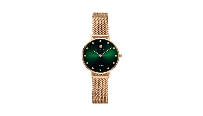 Diamond in the Hand 28mm Green Sunray Dial Genuine Diamond Markers Rosegold Meshband Watch