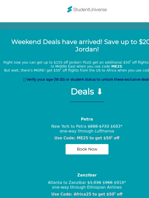 Student Universe - Weekend deals are here! Get up to $200 off to Jordan!