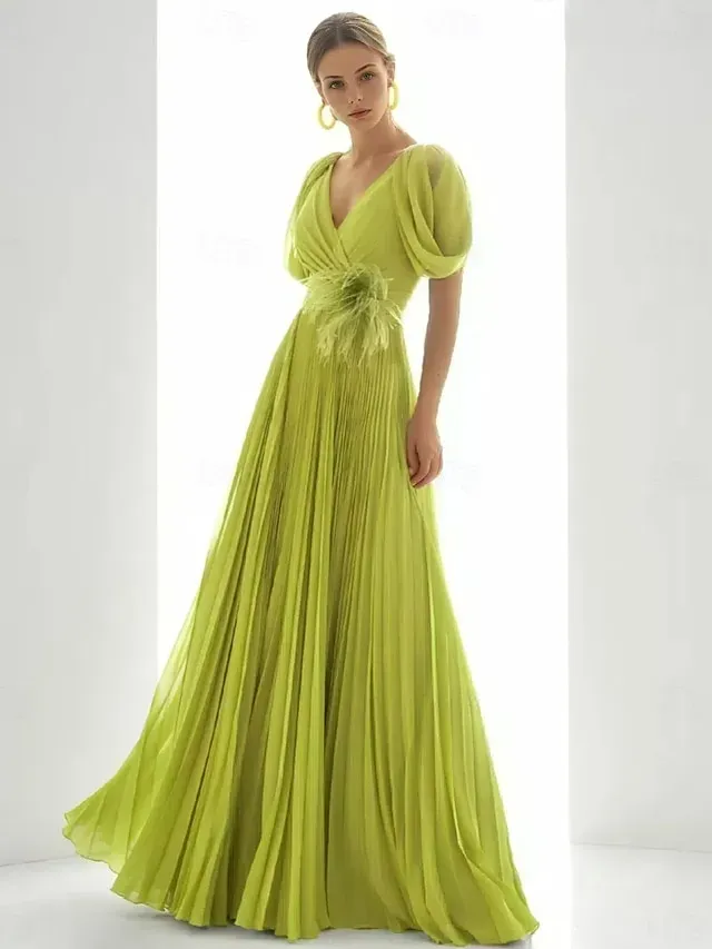 Green A-Line Evening Gown Elegant Dress Beach Wedding Formal Floor Length Short Sleeve V Neck Chiffon with Feather Ruched 2025