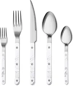 CAROTE Silverware Set with White Marble Handle, 10 Piece Flatware Cutlery Set for 4, Stainless Steel Kitchen Utensil Set for Home Restaurant Party, Dishwasher Safe