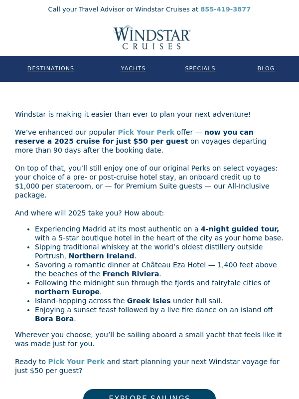 Windstar Cruises - New Bonus Perk: Reserve a Cruise for Just $50 per Guest
