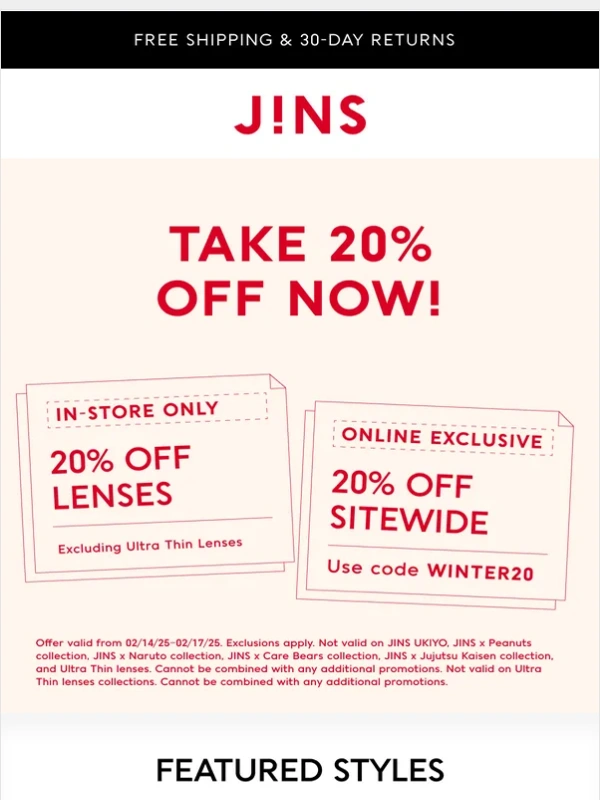 Jins - Take 20% off now!