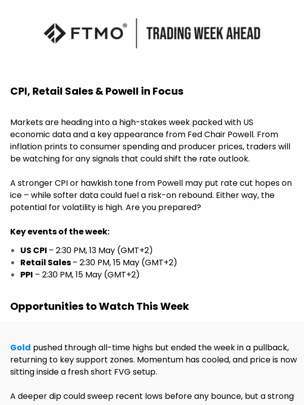 FTMO - Trading Week Ahead: CPI,Retail Sales,Powell – Three Reasons to Stay Alert