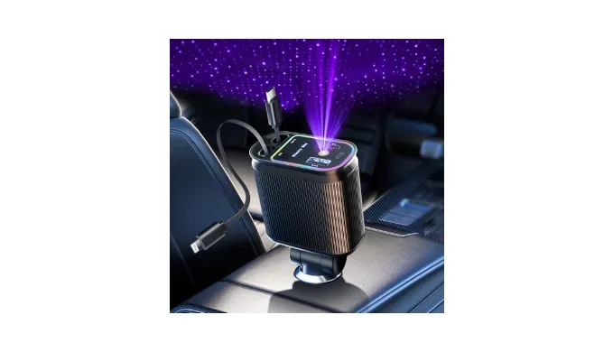 Retractable Car Charger with Starlight, 66W Starlight in Car roof 4 in 1 Retractable Car Phone Charger Adapter, Fast Charging USB C Cable, Compatible with iPhone 16/15/14/13/12/,Pixel
