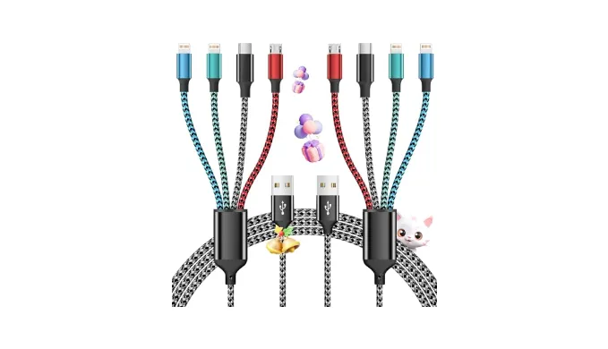 Multi Charging Cable,4 in 1 Charging Cable Charging Cables for Multiple Devices Nylon Braided Universal Charger Phone Charger Cord with 2 IP/USB-C/Micro USB Port for Cellphone/Tablets/More(2Pack 5FT)